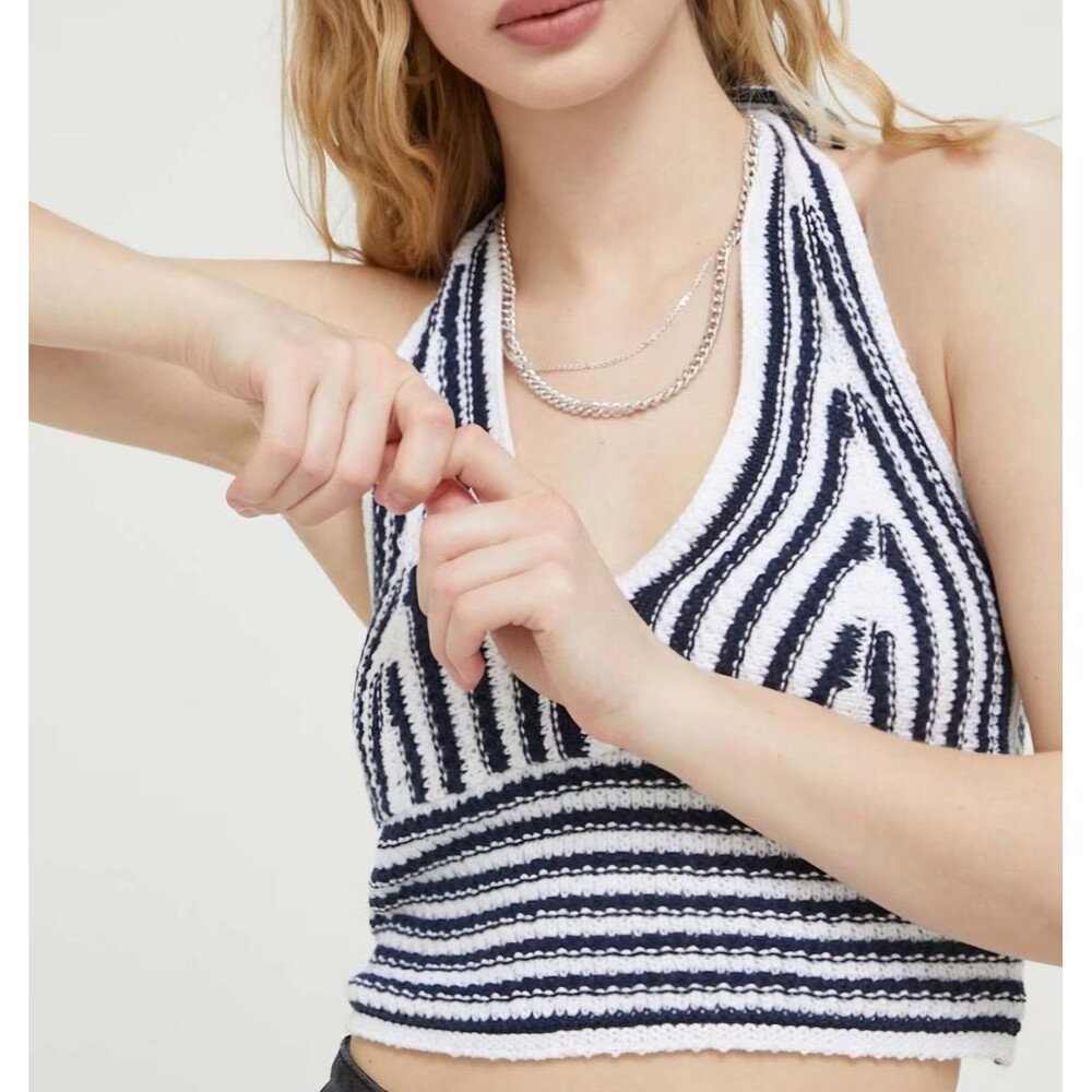 Hollister Crochet Knit Halter Top Women XL Festival Boho Coastal Blue White NWT
